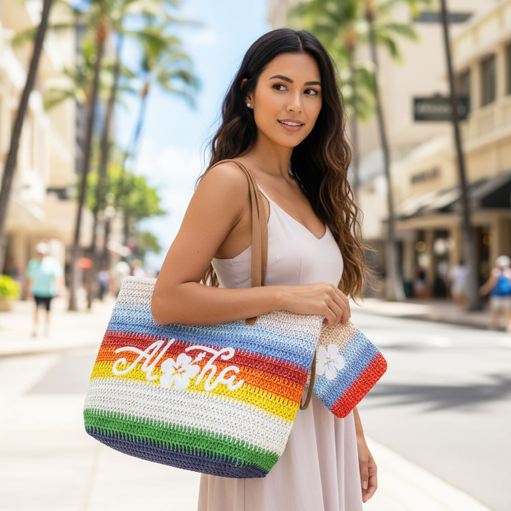 LARGE COLORED STRIPE BEACH STRAW TOTE BAG W/ POUCH SET: Aloha