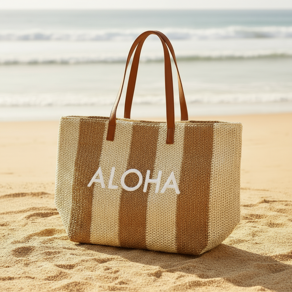 LARGE STRAW BEACH BAG: Aloha
