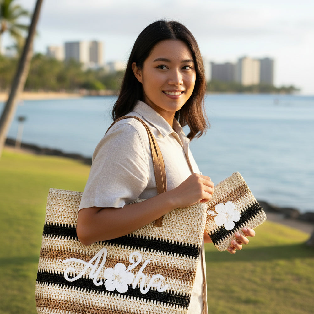 LARGE STRIPED BEACH STRAW BAG W/ POUCH SET: Aloha