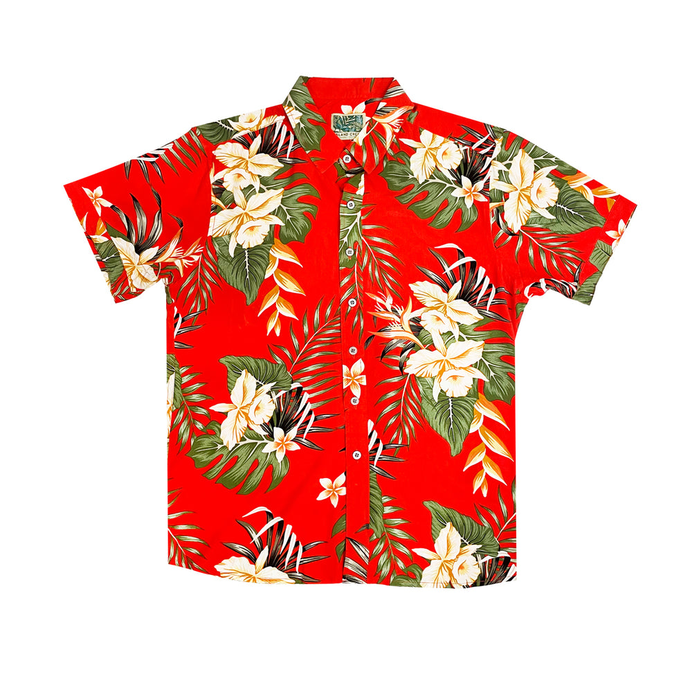 STRETCH SHORT SLEEVE ALOHA SHIRT: Heliconia Monstera