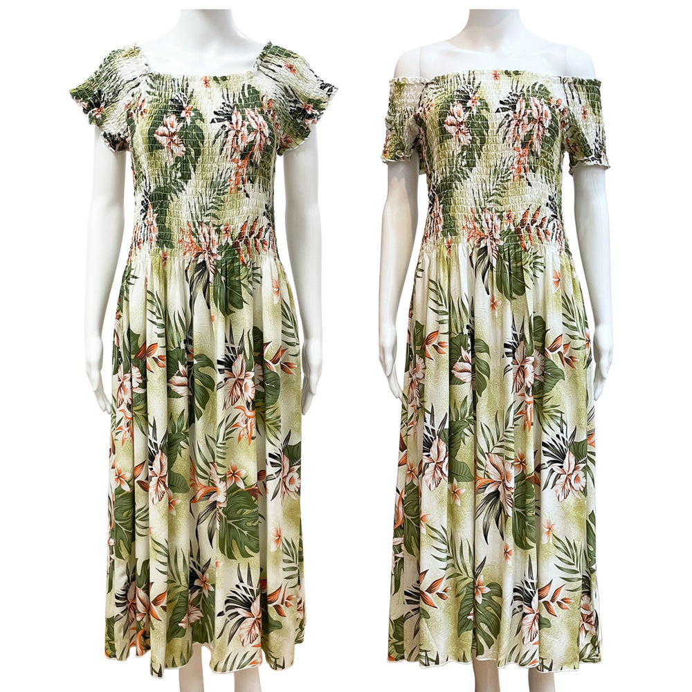OFF SHOULDER TUBE DRESS: Heliconia Monstera