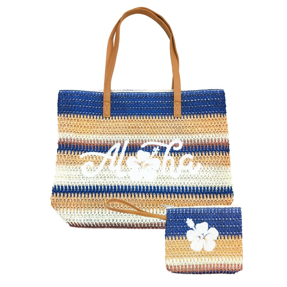 LARGE COLORED STRIPE BEACH STRAW BAG W/ POUCH SET: Aloha