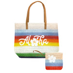 LARGE COLORED STRIPE BEACH STRAW BAG W/ POUCH SET: Aloha