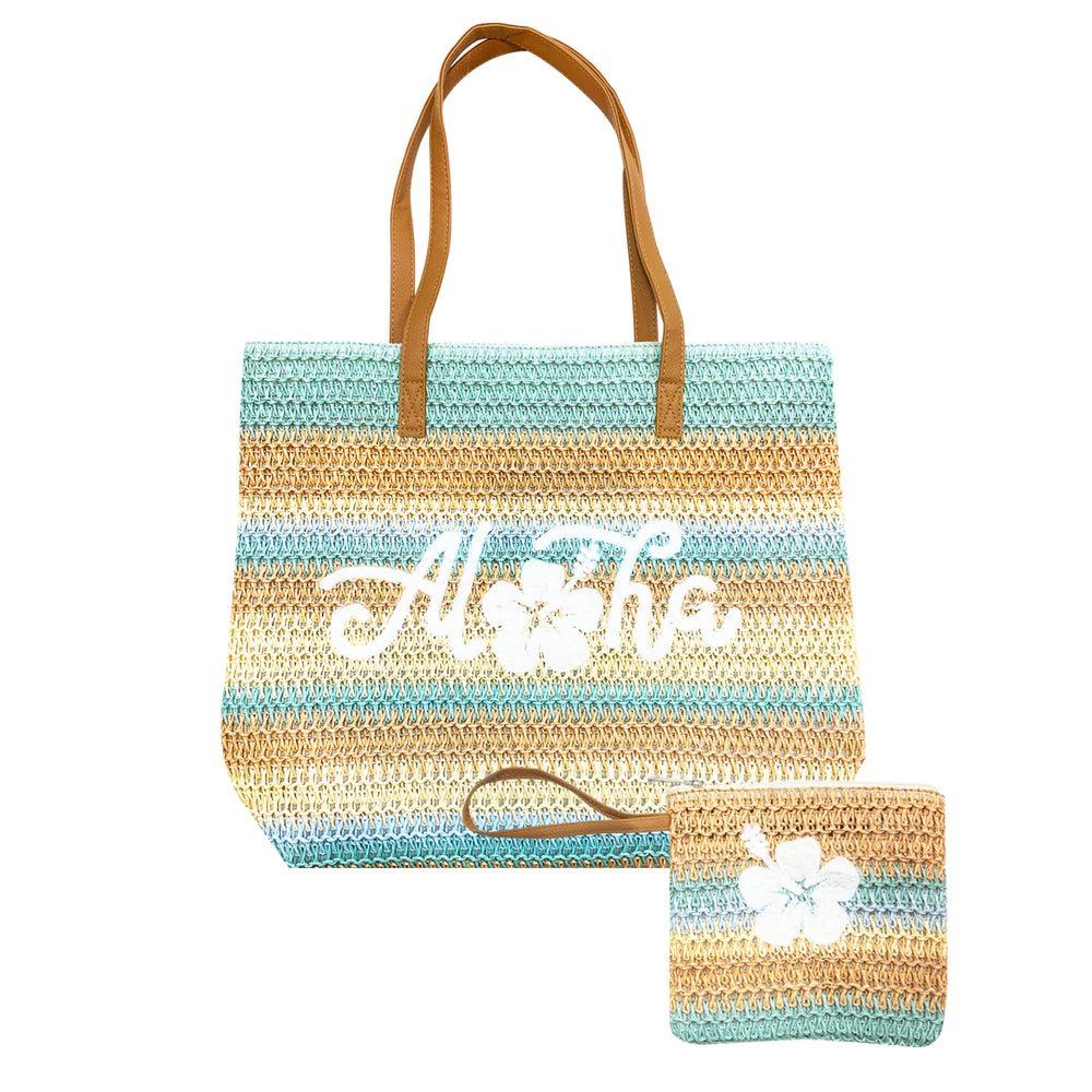 LARGE COLORED STRIPE BEACH STRAW BAG W/ POUCH SET: Aloha