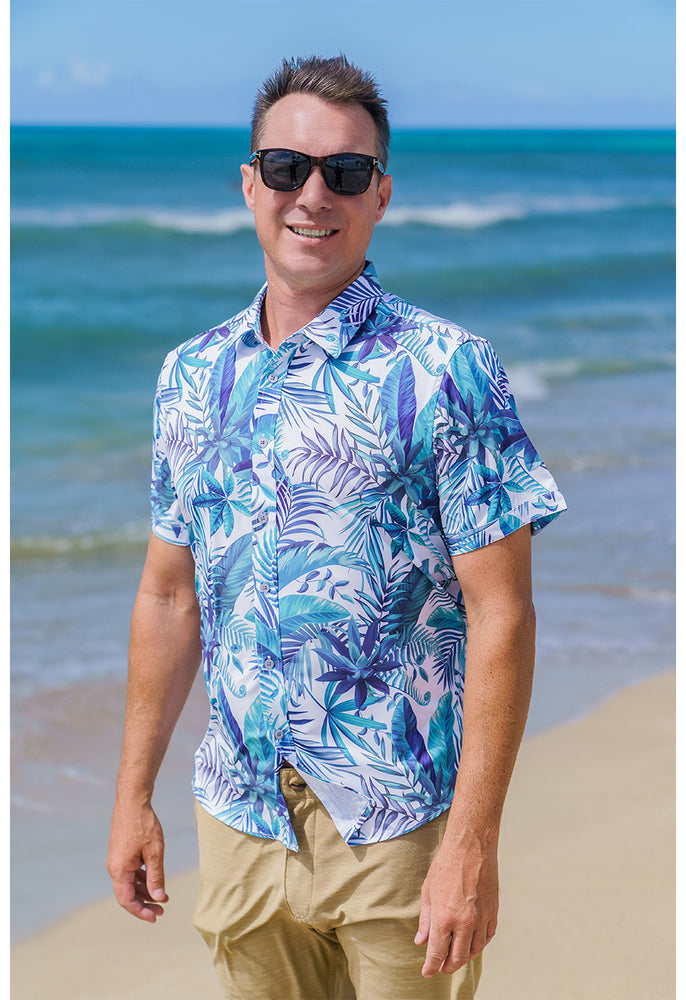 STRETCH SHORT SLEEVE ALOHA SHIRT: PALMSCAPE