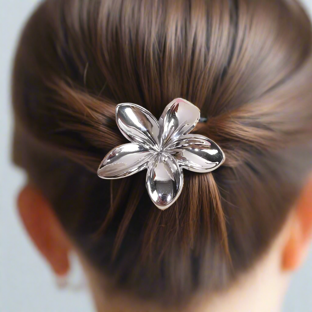 PLASTIC HAIR CLIP: Plumeria (Metallic Gold/Silver)