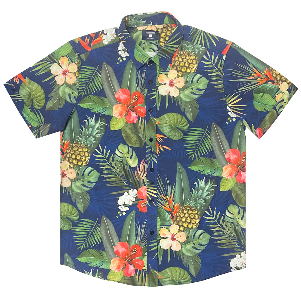 STRETCH SHORT SLEEVE ALOHA SHIRT: Hibiscus Accent