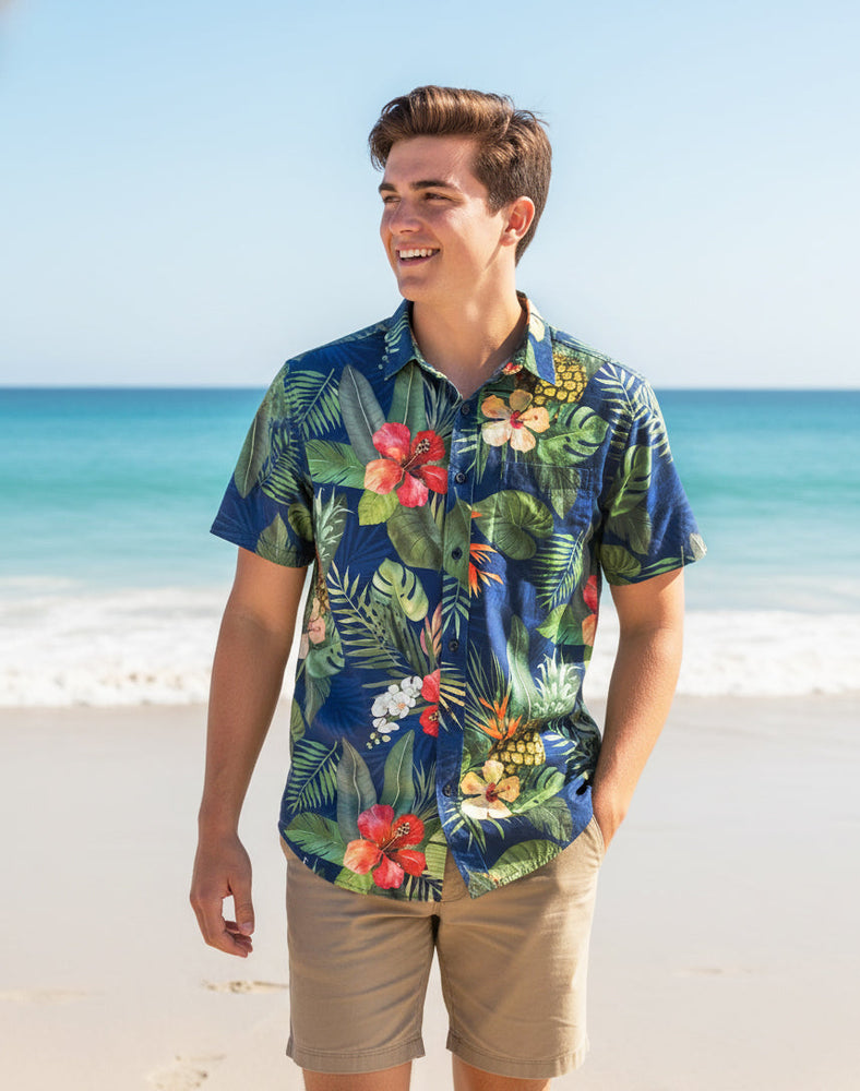 STRETCH SHORT SLEEVE ALOHA SHIRT: Hibiscus Accent