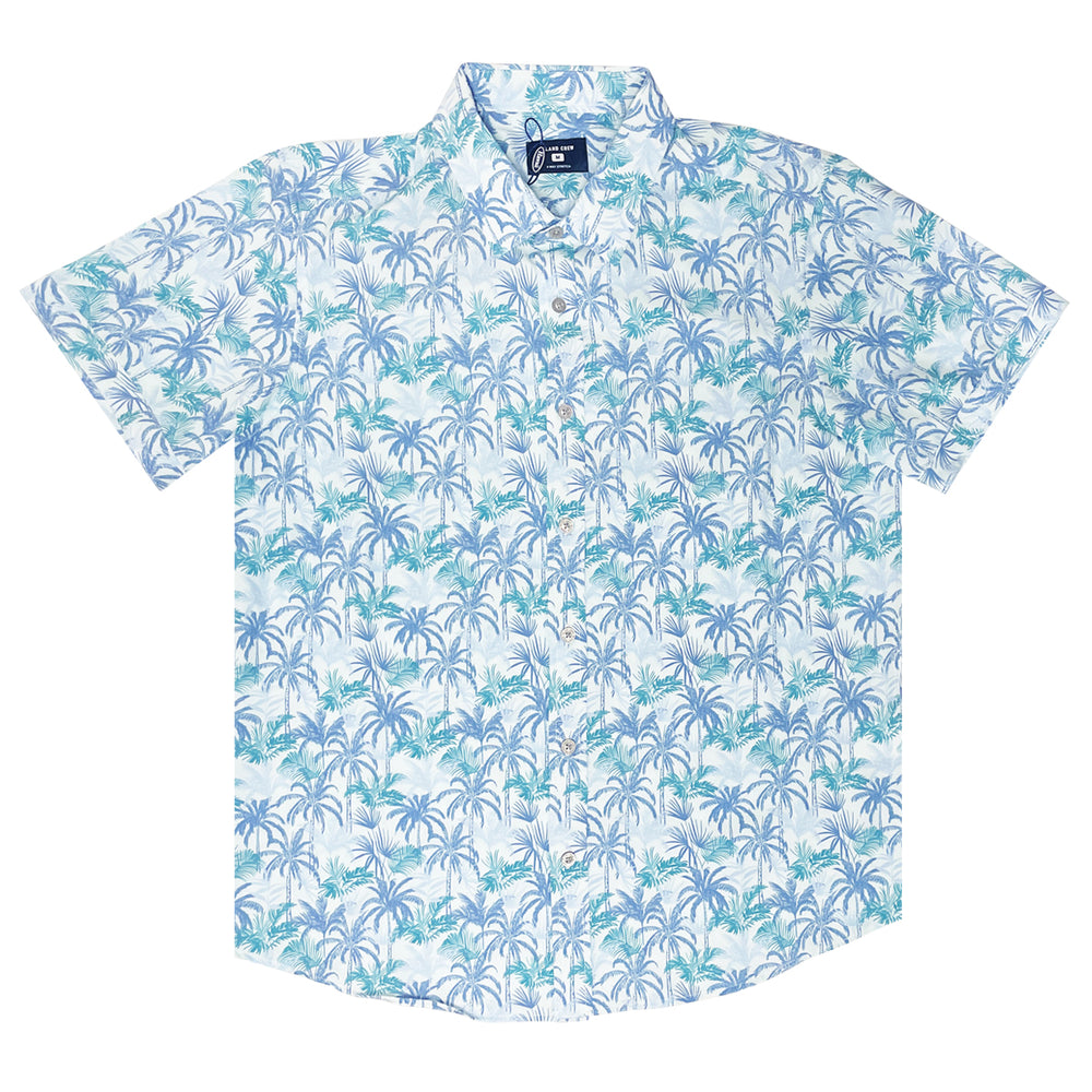 STRETCH SHORT SLEEVE ALOHA SHIRT: PALM PLANTATION - LIGHT BLUE