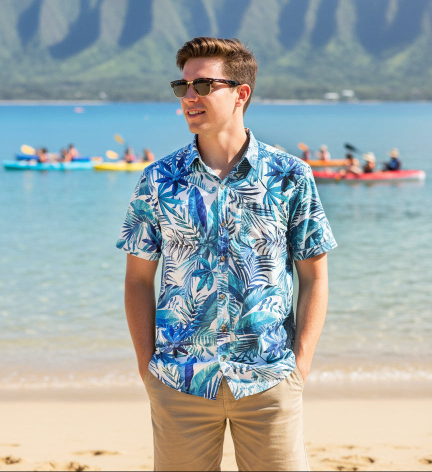 STRETCH SHORT SLEEVE ALOHA SHIRT: PALMSCAPE – Aloha Ave Store