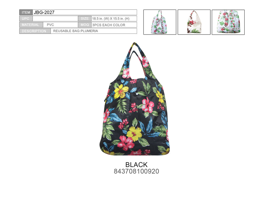 Foldable Reusable Shopping Bag PLUMERIA - BLACK