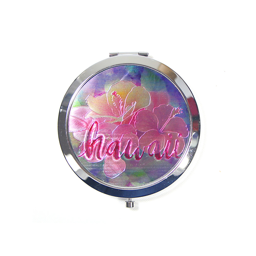 FOLDING ROUND DOUBLE GLASS METAL MIRROR: HIBISCUS HAWAII