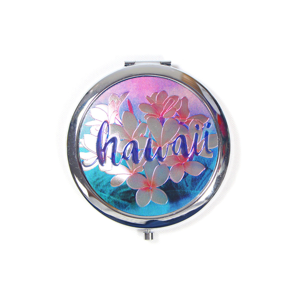 FOLDING ROUND DOUBLE GLASS METAL MIRROR: PLUMERIA HAWAII