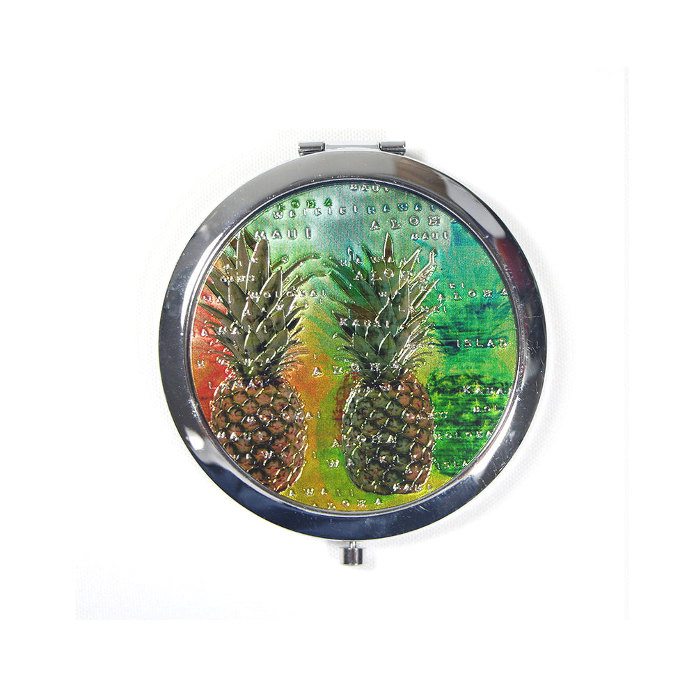 FOLDING ROUND DOUBLE GLASS METAL MIRROR: PINEAPPLE ISLANDS