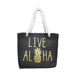 WOVEN TOTE BAG W/ ROPE HANDLE - LIVE ALOHA-BLACK