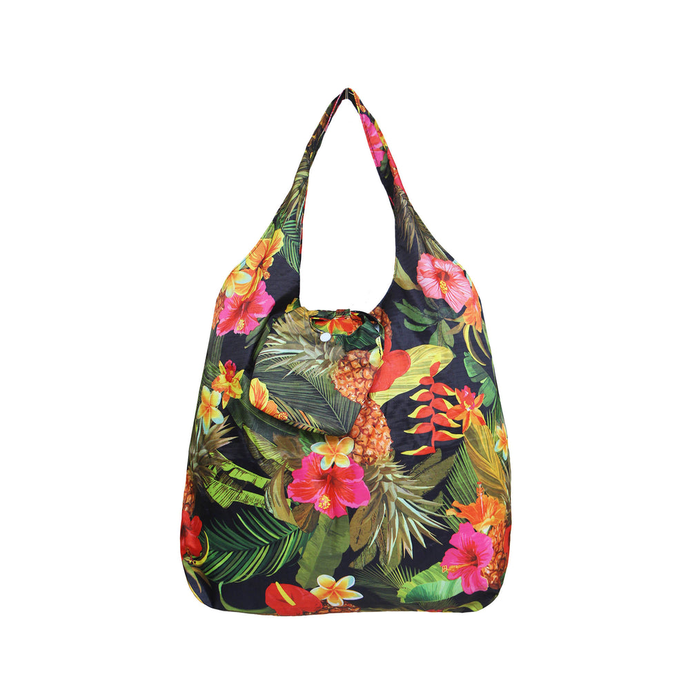 Foldable Reusable Shopping bag TROPICAL GARDEN - AQUA / BLACK