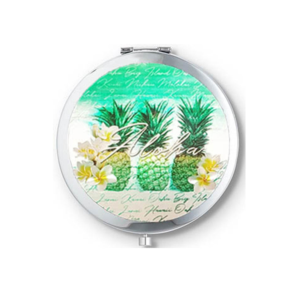 FOLDING ROUND DOUBLE GLASS METAL MIRROR: GREEN PINEAPPLES
