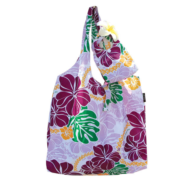 Foldable Reusable Hawaii Shopping Bags Hibiscus w/ Monstera - PURPLE
