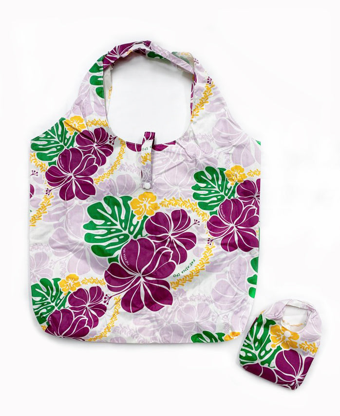 Foldable Reusable Hawaii Shopping Bags Hibiscus w/ Monstera - PURPLE
