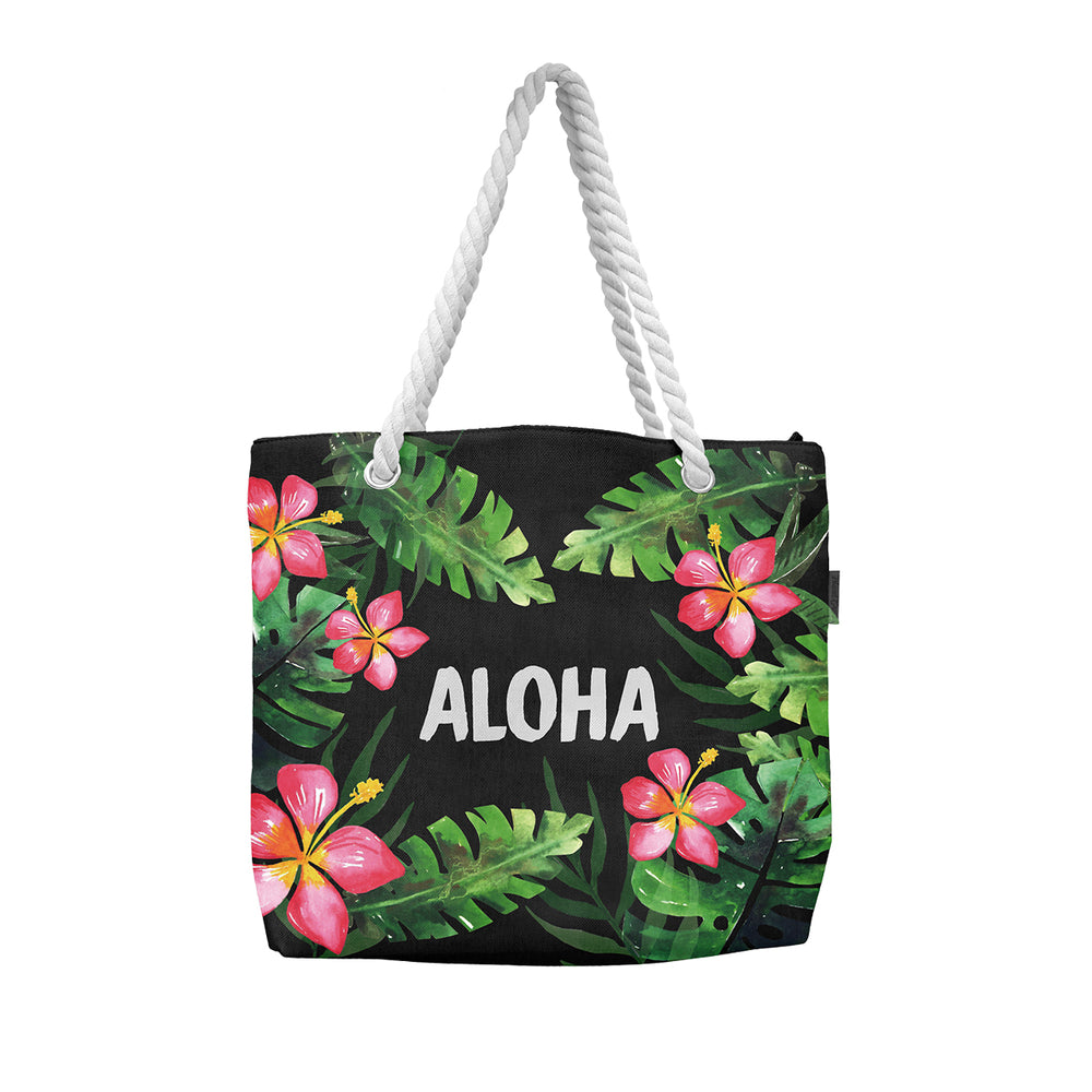 WOVEN TOTE BAG W/ ROPE HANDLE - ALOHA HIBISCUS - BLACK