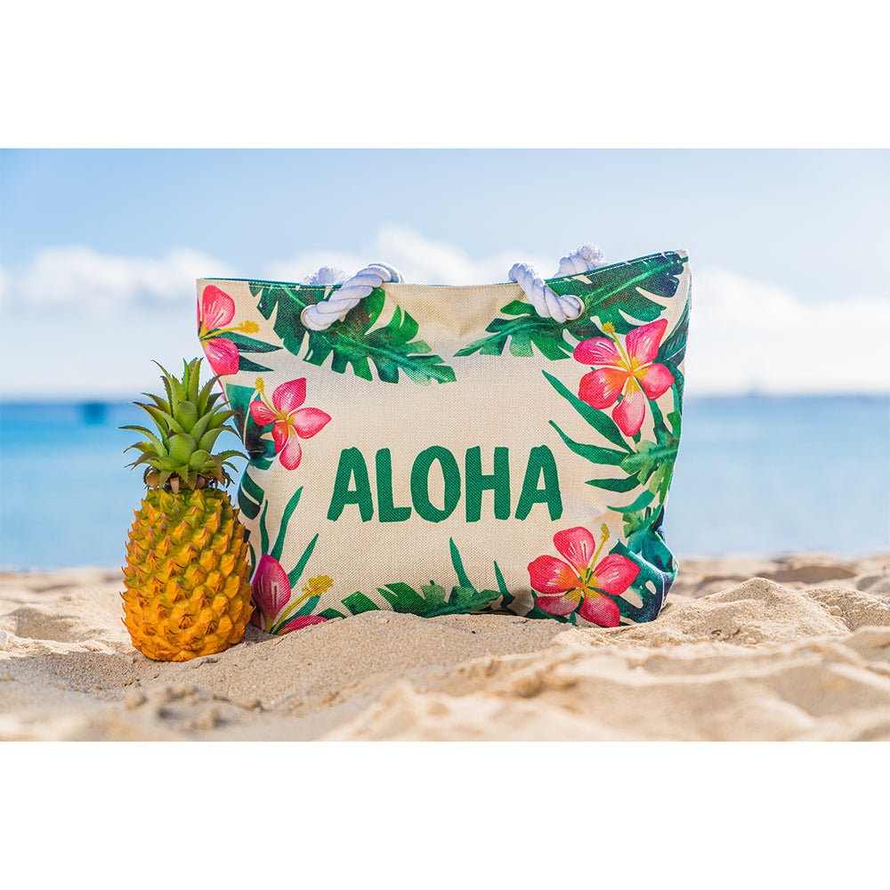 WOVEN TOTE BAG W/ ROPE HANDLE - ALOHA HIBISCUS - BLACK