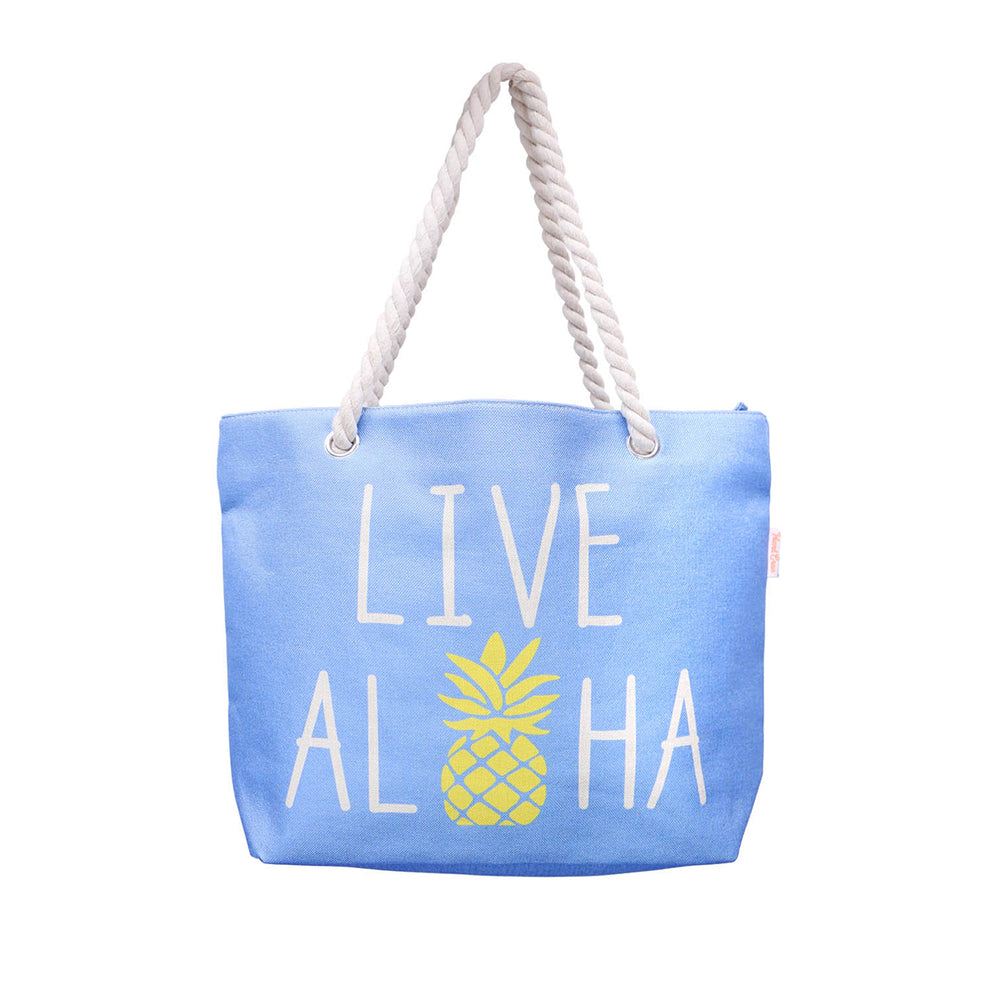 WOVEN TOTE BAG W/ ROPE HANDLE - LIVE ALOHA - BLUE / GREEN / PINK