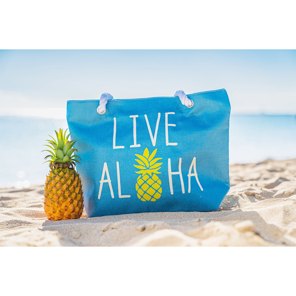 WOVEN TOTE BAG W/ ROPE HANDLE - LIVE ALOHA - BLUE / GREEN / PINK