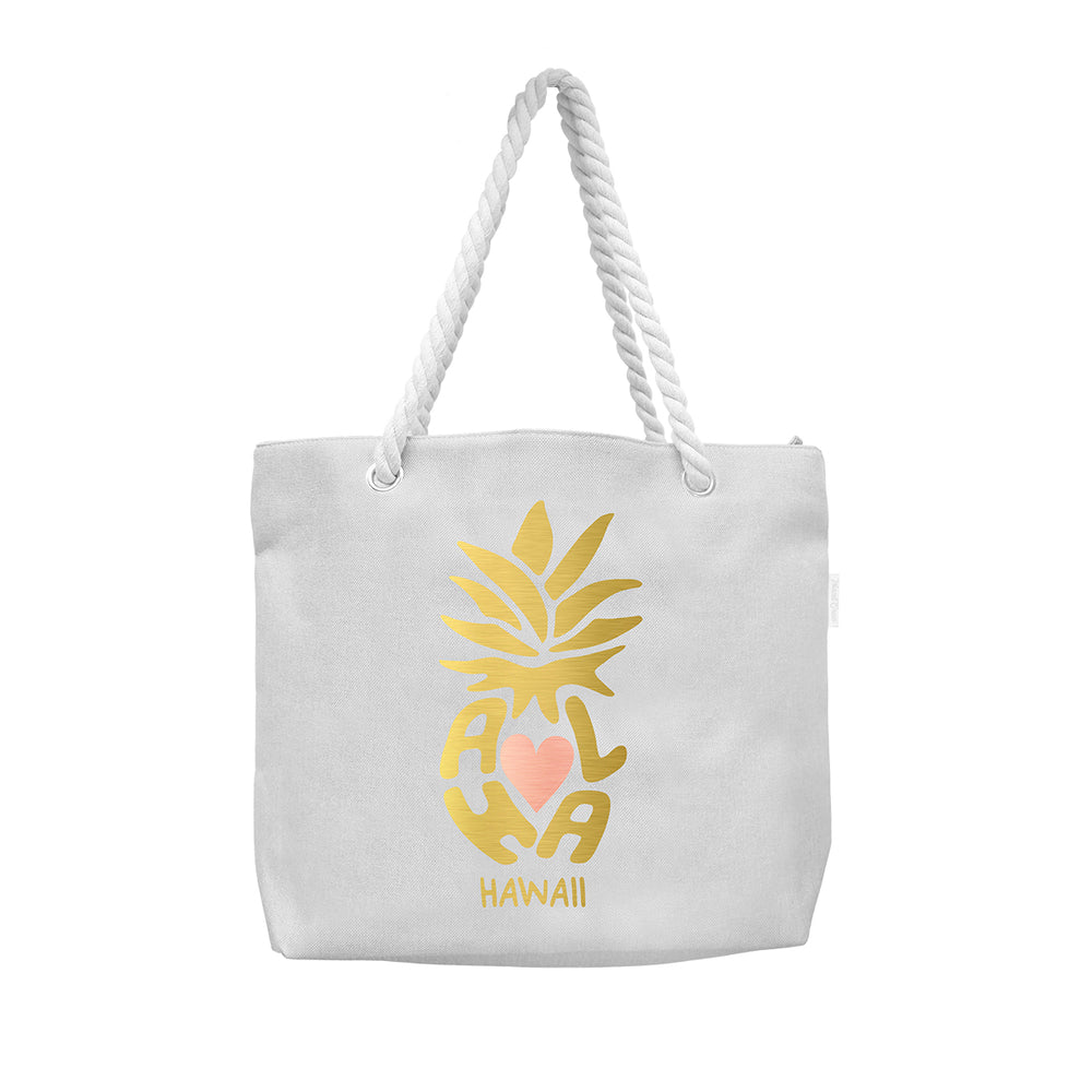 WOVEN TOTE BAG W/ ROPE HANDLE - ALOHA PINEAPPLE - WHITE