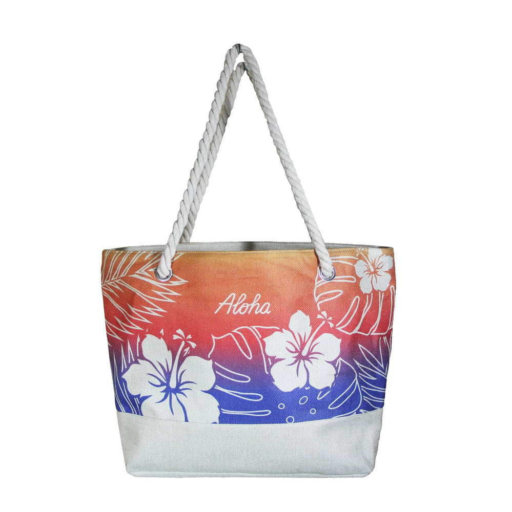 WOVEN TOTE BAG W/ ROPE HANDLE - HIBISCUS