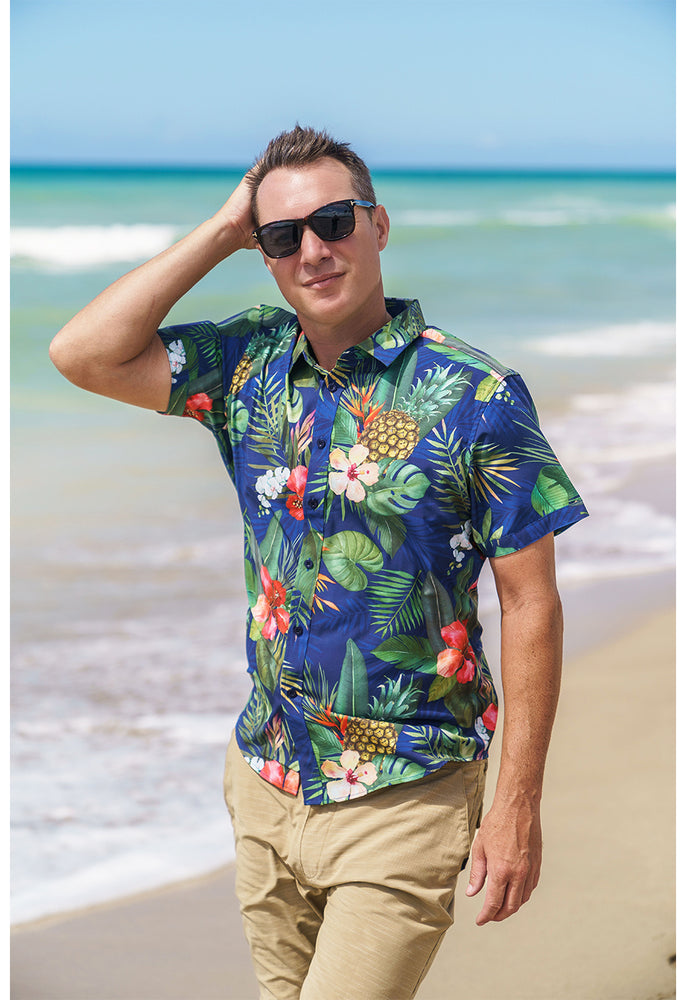 STRETCH SHORT SLEEVE ALOHA SHIRT: HIBISCUS SCENT
