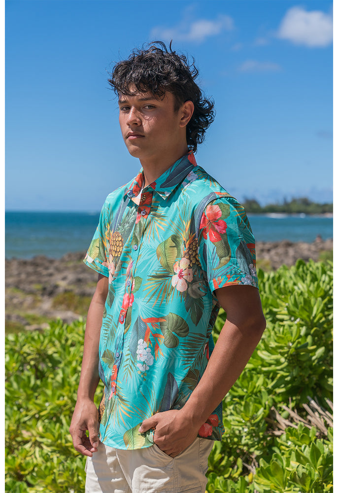 STRETCH SHORT SLEEVE ALOHA SHIRT: HIBISCUS SCENT